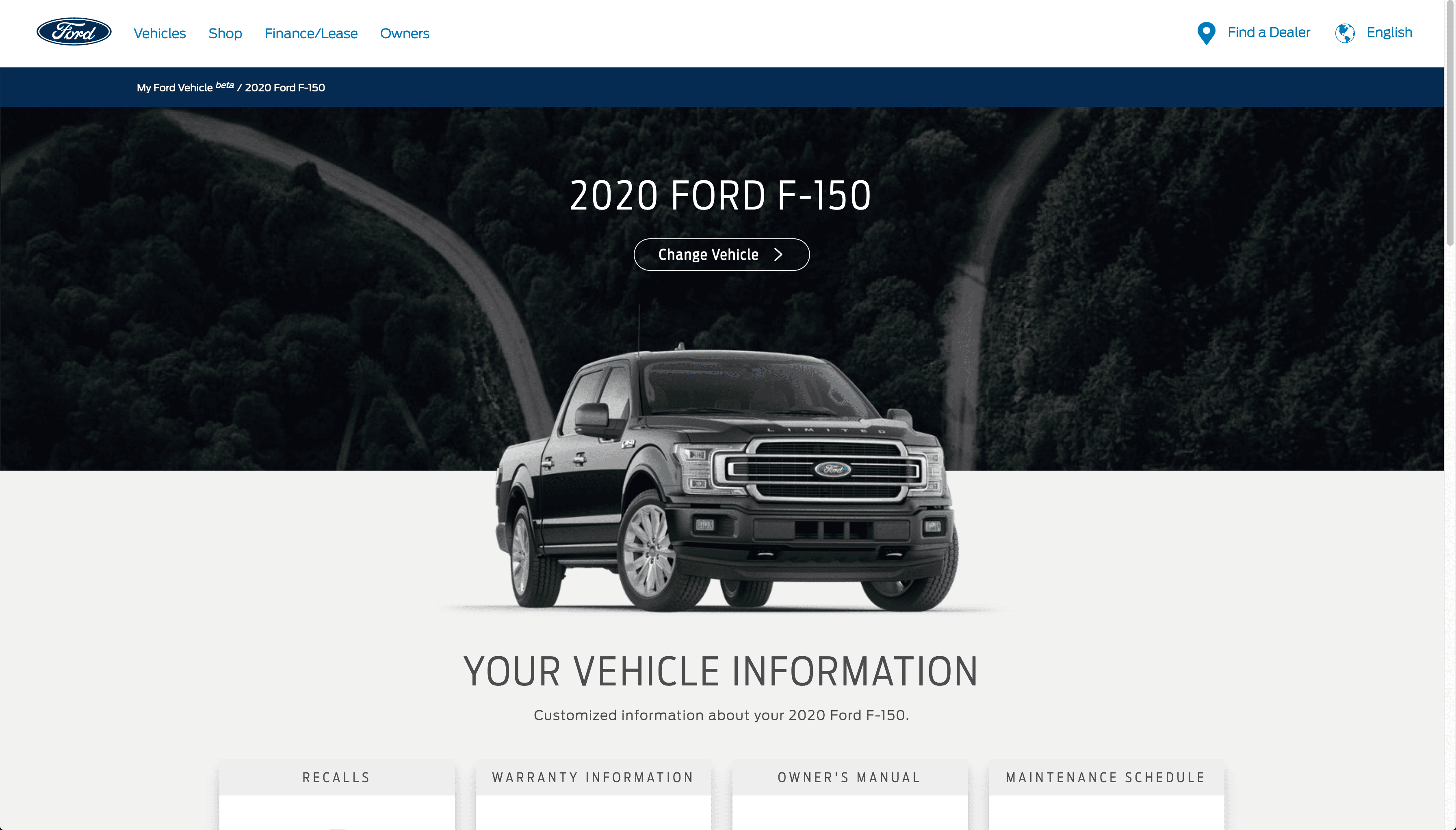 Year Make Model Page for the 2020 Ford F 150 
